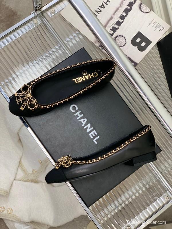 2025 Women Chanel Black Gold Leather Ballet Flats