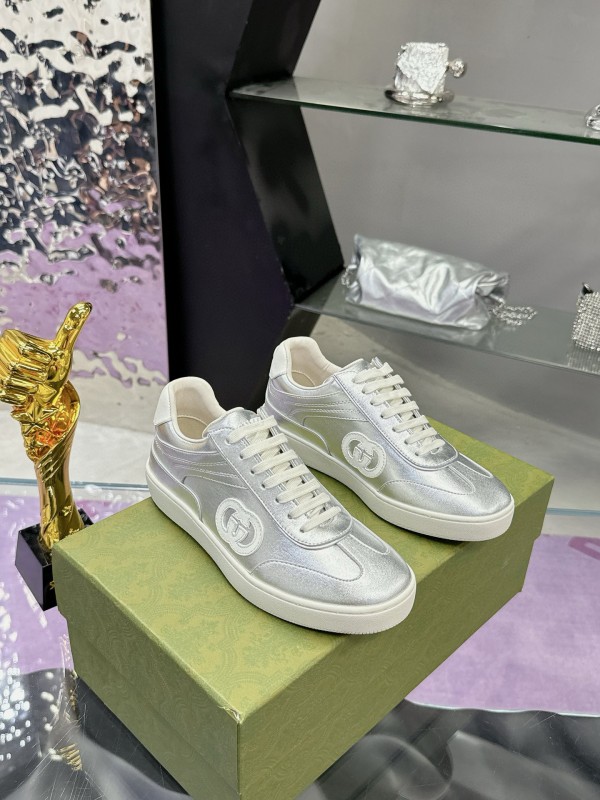 2024 Unisex Gucci Silver White Leather Suede Sneakers MJ00310