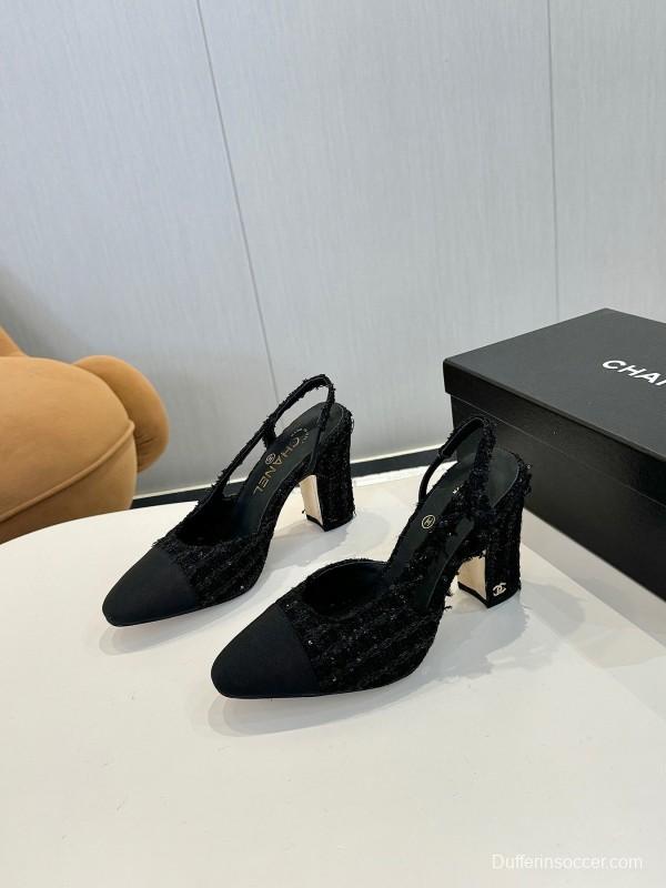 2025 Women Chanel Black Fabric Leather Slingback Heels