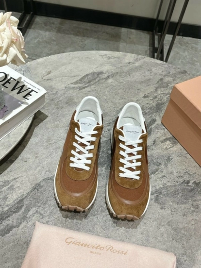 2025 Unisex Gianvito Rossi Brown White Leather Suede Mesh Sneakers KFY00340