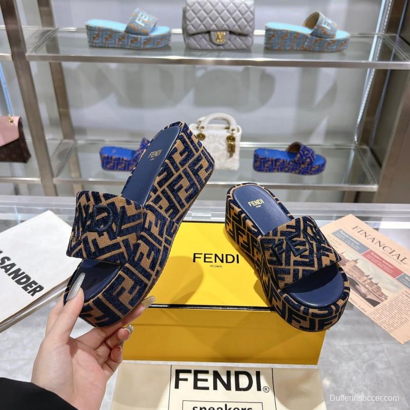 2025 Slippers Fendi Blue Brown Canvas Platform FF Jacquard KFY00240