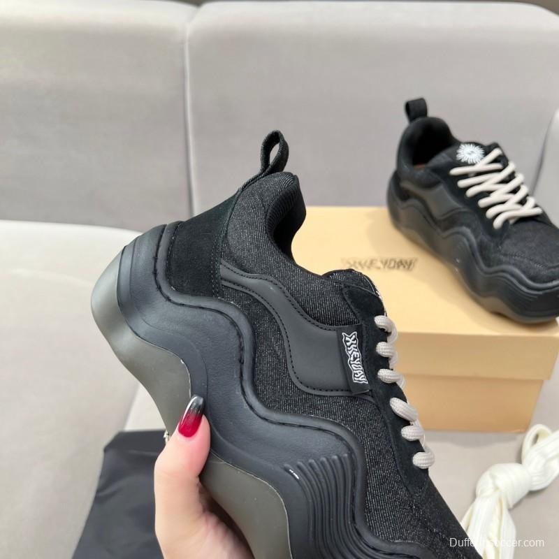 2025 Unisex HEYDAY Black Canvas Leather Wave Sneakers KFY00260