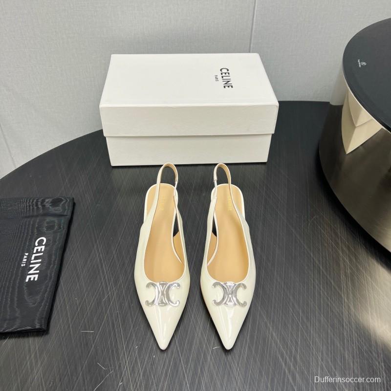 2025 Women Celine White Patent Leather Kitten Heel Pointed Toe Trimed KFY00290