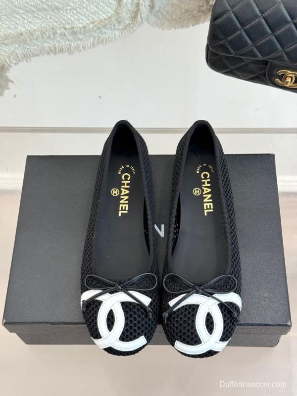 2025 Women Chanel Black White Mesh Leather Ballet Flats KFY00260