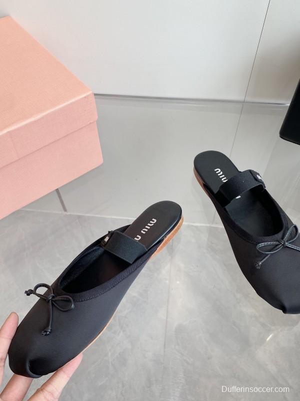 2025 Women Miu Miu Black Nylon Ballet Flats LY00380