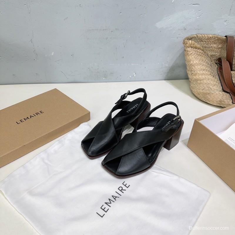 2025 Women Lemaire Black Leather Block Heel Sandals