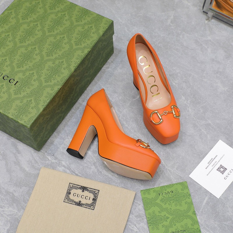 2025 Women Gucci Orange Leather Platform Pumps KFY00320