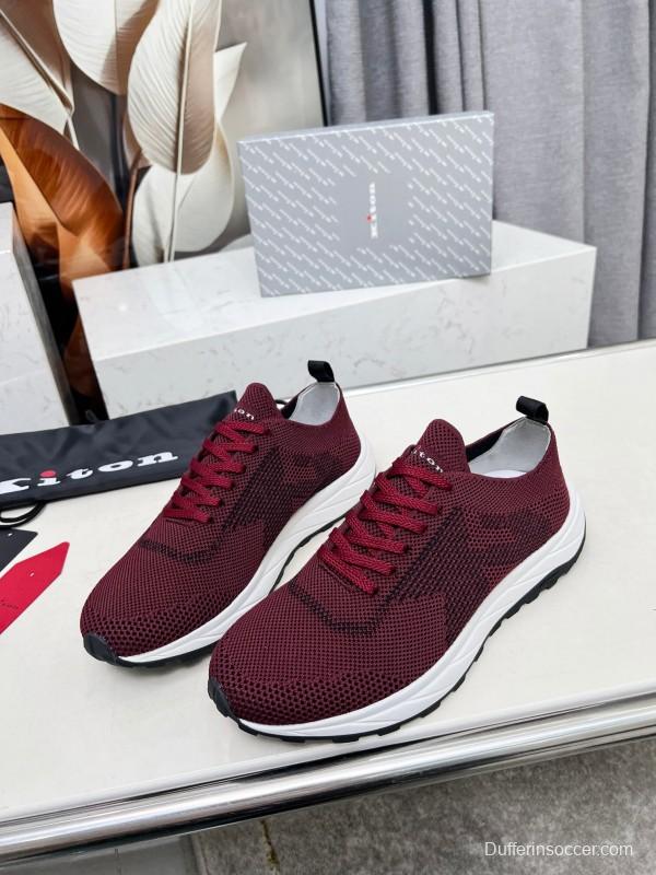 2025 Unisex Kiton Burgundy Knit Casual Sneakers Lightweight Rubber Sole AS00320