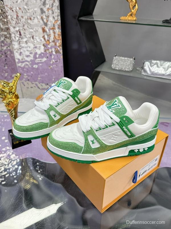 2025 Unisex Louis Vuitton Green White Leather Canvas Plimsolls Handcrafted Diamonds AS00400