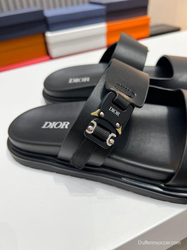 2025 Men Dior Black Leather Slippers Metal CD Diamond AS00190