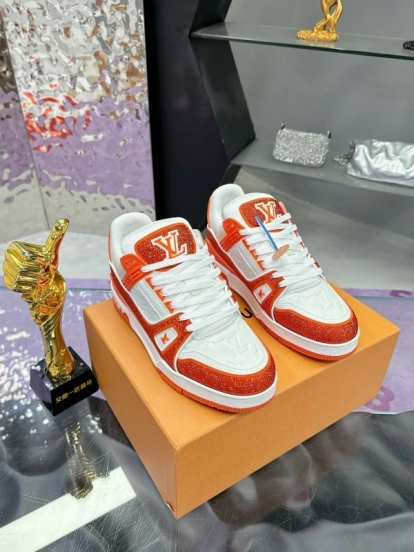 2025 Unisex Louis Vuitton Orange White Leather Plimsolls Handcrafted Rhinestones AS00400