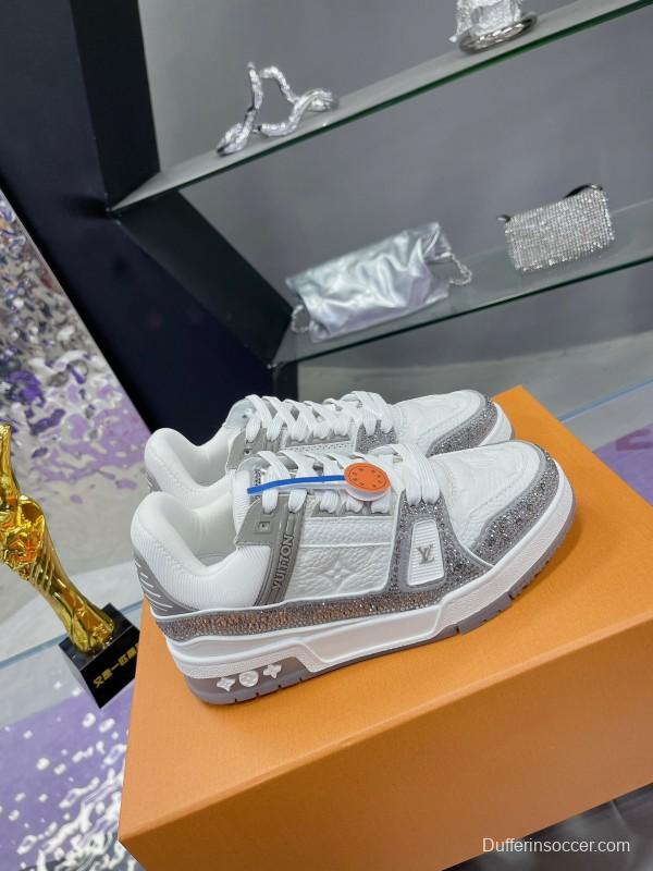 2025 Unisex Louis Vuitton White Silver Leather Fabric Plimsolls Handcrafted Crystals AS00400