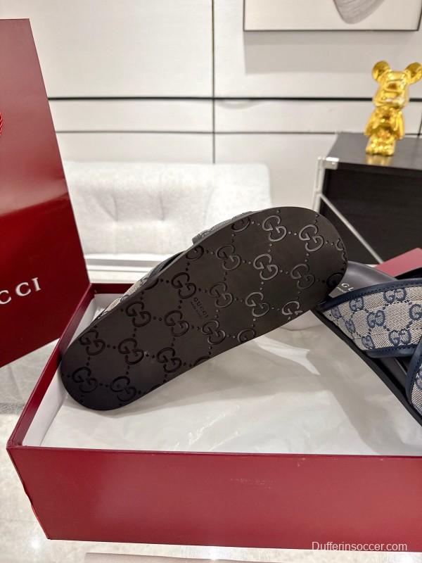 2025 Unisex Gucci Grey Black Canvas Slippers Double G Embossed AS00240