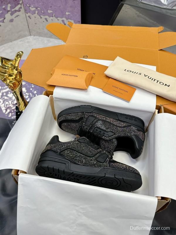 2025 Unisex Louis Vuitton Black Handmade Rhinestone Leather Fabric Plimsolls LV Trainer AS00400