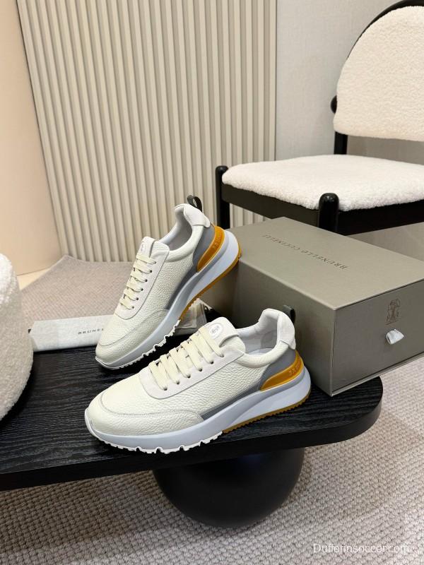 2025 Men Brunello Cucinelli Black Ivory Blue Almond Calfskin Leather Sneakers AS00320