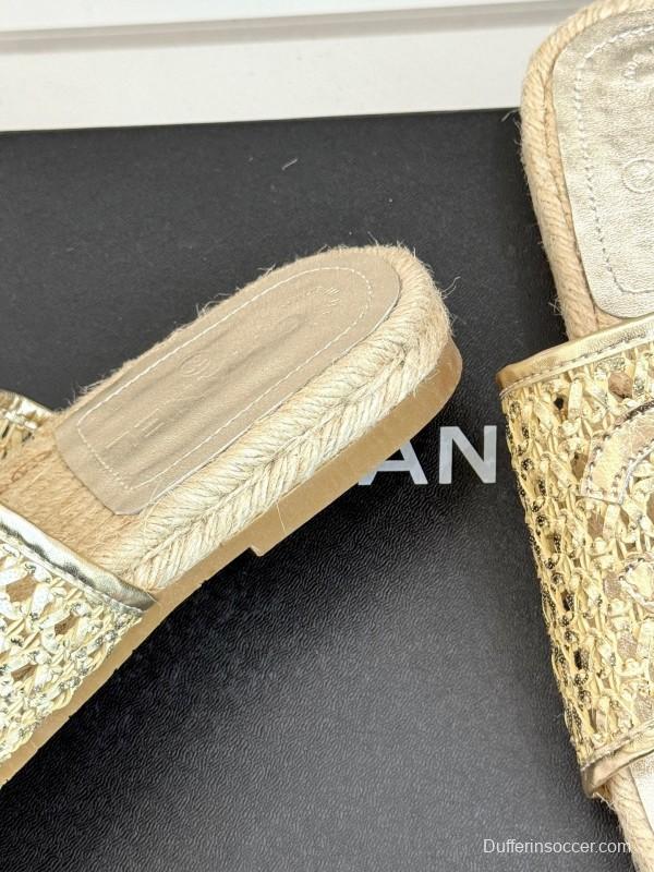2025 Women Chanel Beige Custom Material Rope Sole Slippers Big CC Hollow Weave KFY00240