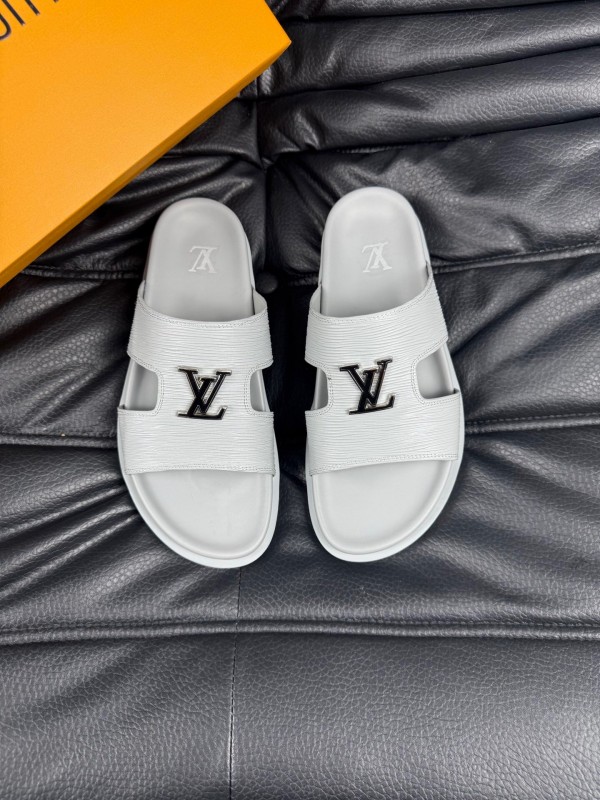 2025 Men Louis Vuitton White Leather Slippers AS00170