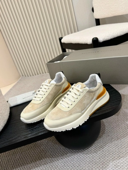 2025 Unisex Brunello Cucinelli Black Milk Blue Apricot Calfskin Leather Sneakers AS00320