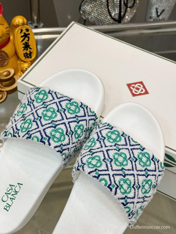 2025 Men CASA BLANCA White Green Blue Embroidered Leather Slippers KFY00160