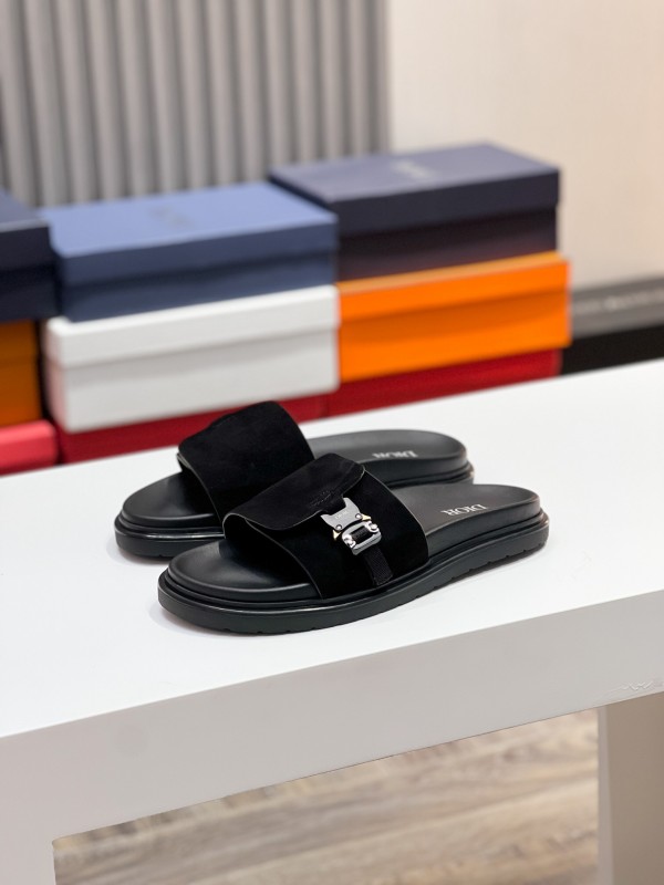 2025 Men Dior Black Leather Slippers CD Diamond Top Version AS00190