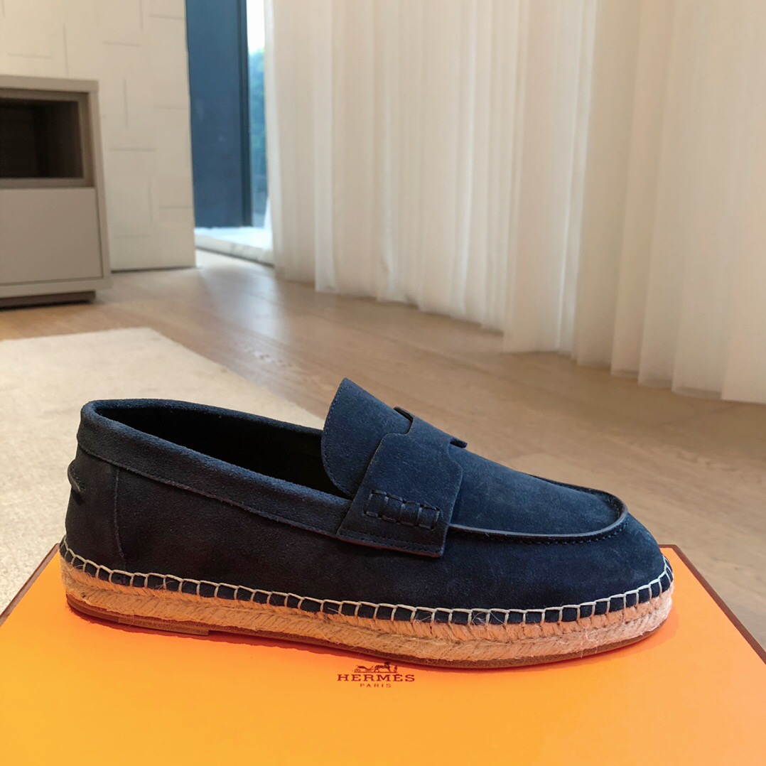 2025 Unisex Hermès Navy Blue Suede Calfskin Loafers AS00380