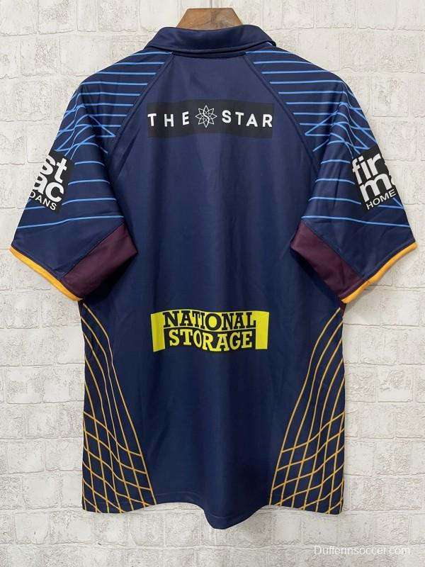 25/26 Brisbane Broncos Maroon with Blue Striped Sleeves and Gold Geometric Jersey