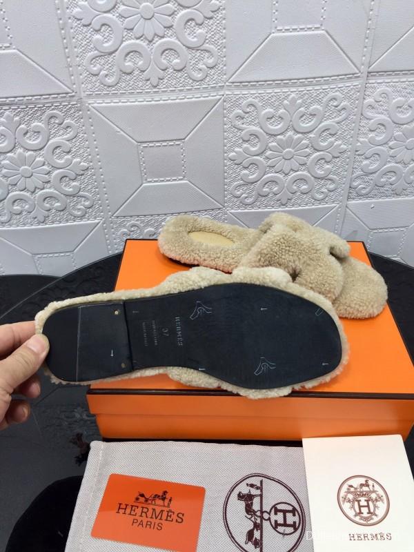 H Teddy Wool H Slippers Flat Sole Winter Home Shoes - LY00240