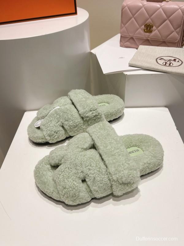 H Love Erjiu Full Wool Slippers with Slightly Curled Fur - LY00270
