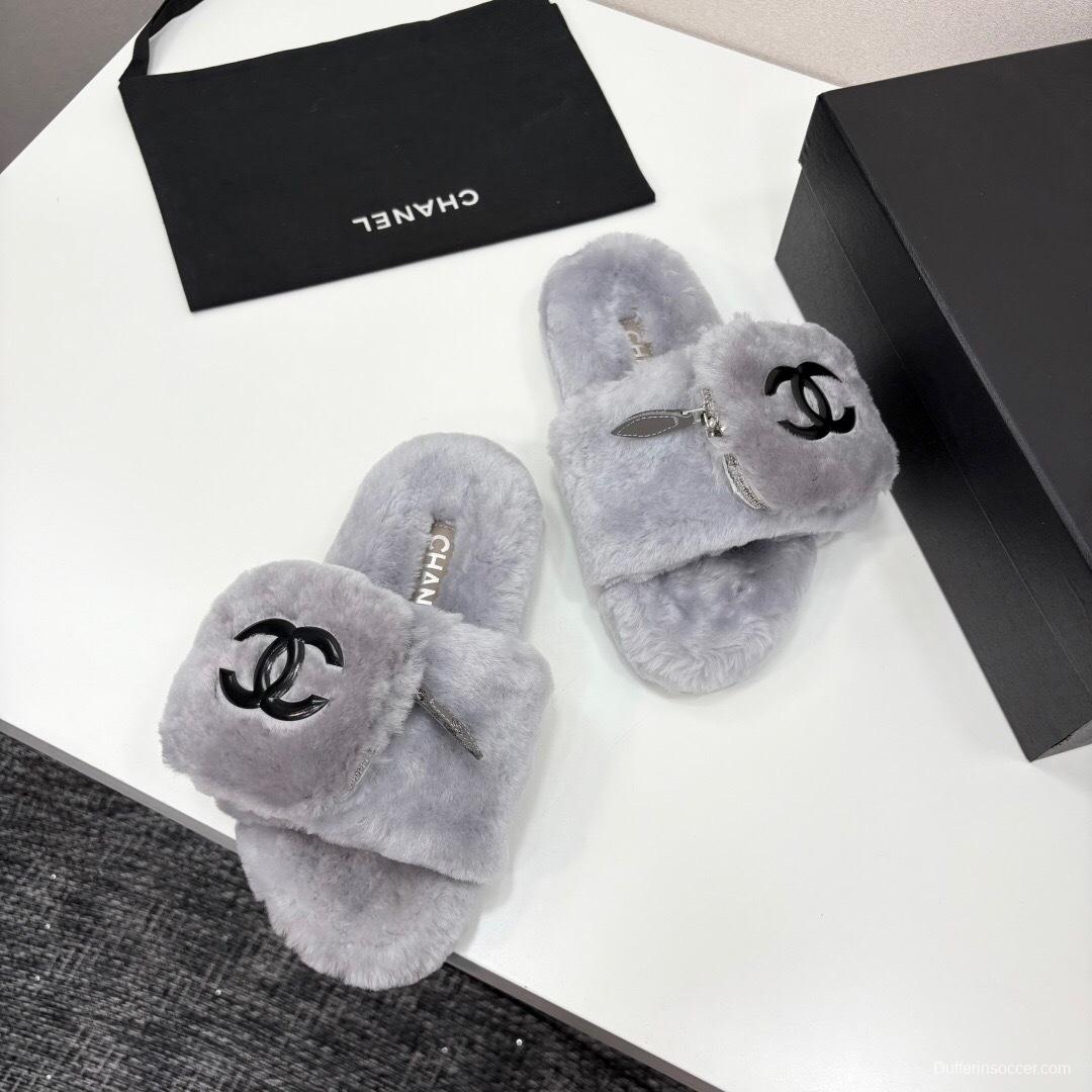 Chanel Fluffy Slippers Latest Color Design with Rubber Sole - LY00270