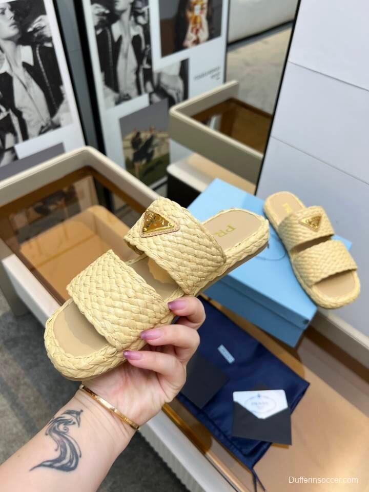 Prada 2025 SS Raffia Handwoven Open-Toe Sandals - KFY00260