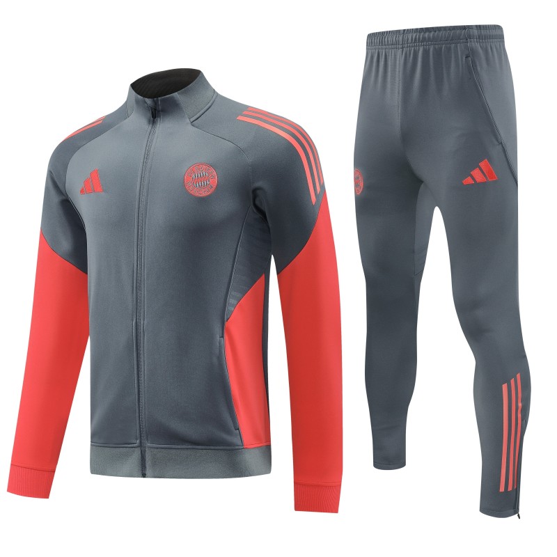 25/26 Bayern Munich Grey with Red Sleeves Half Zipper Jacket Tracksuit +Long Pants