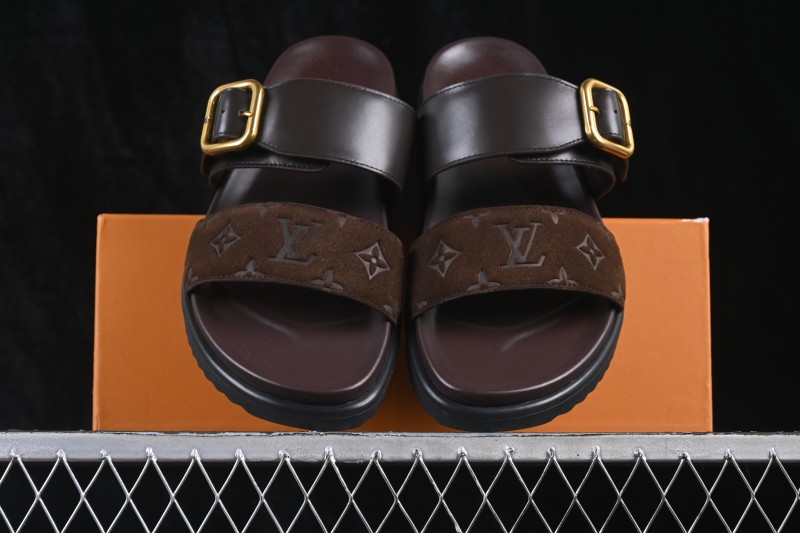 Louis Vuitton Venice Comfort Calf Suede Round-Toe Slide Sandals