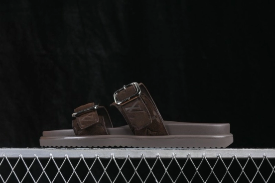 Louis Vuitton Venice Comfort Calfskin Suede Round-Toe Slide Sandals