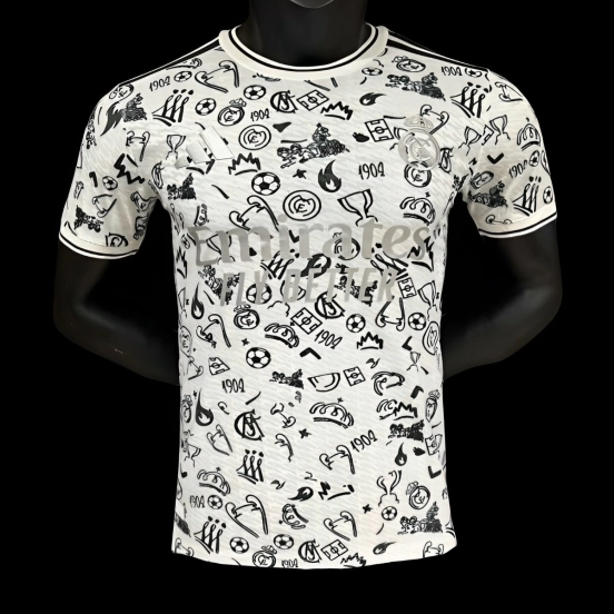 Player Version 25/26 Real Madrid White with Football Icons Pattern Jersey