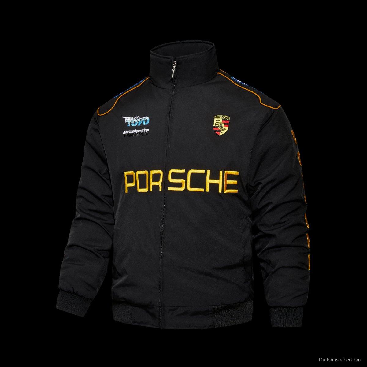 2026 F1 Porsche Motorsport Black Racing Jacket with Gold Lettering and Crest Badge
